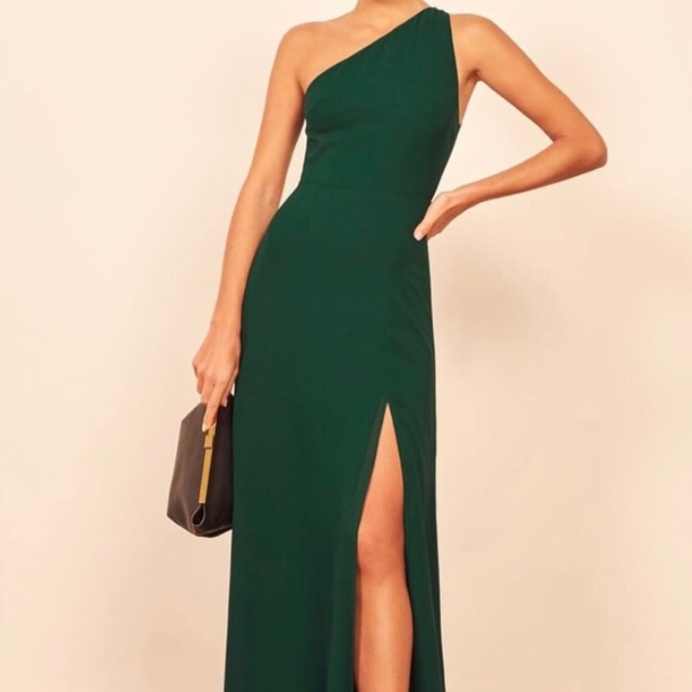 Reformation green one shoulder long dress